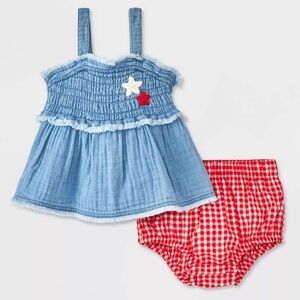 Denim Blue Top and Red Gingham Diaper Cover